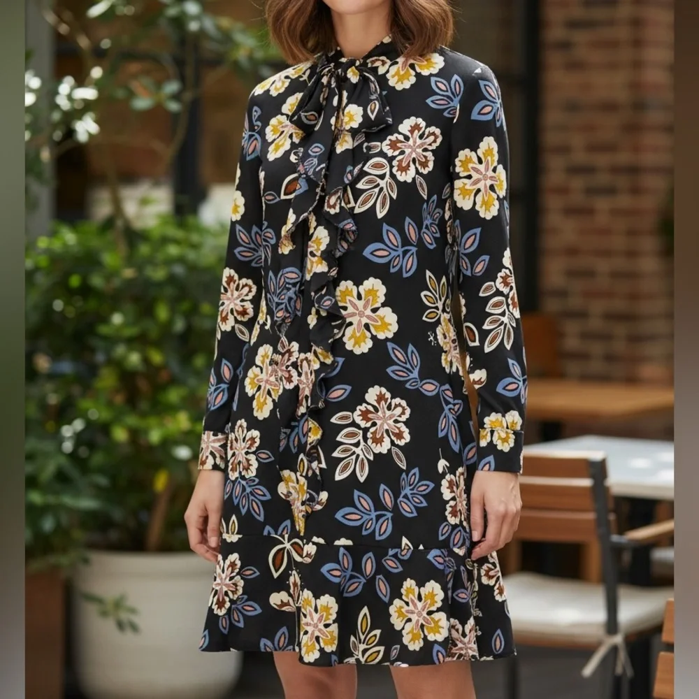 Tory Burch Jane Floral Silk Shirt Dress Black hopewell Print Size 6‎